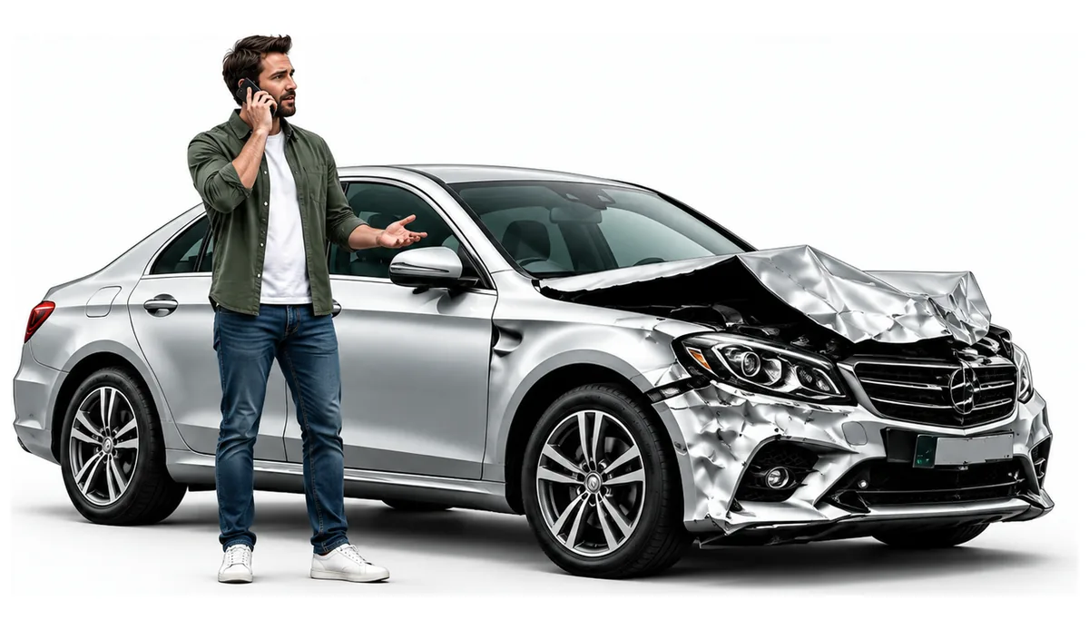 Un homme au téléphone à côté de son auto accidentée