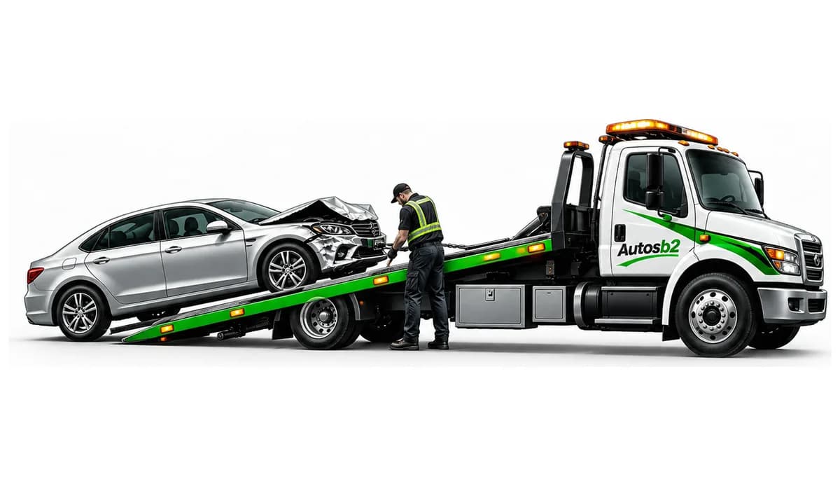 Un chauffeur charge une auto accidentée sur le plateau de la remorqueuse Recyclage Autos B2