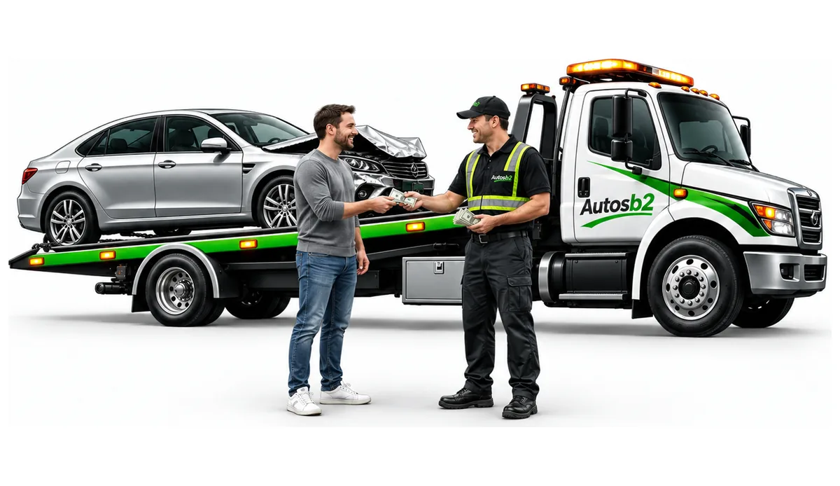 Un chauffeur Recyclage Autos B2 remet l'argent comptant au propriétaire devant la remorqueuse chargée